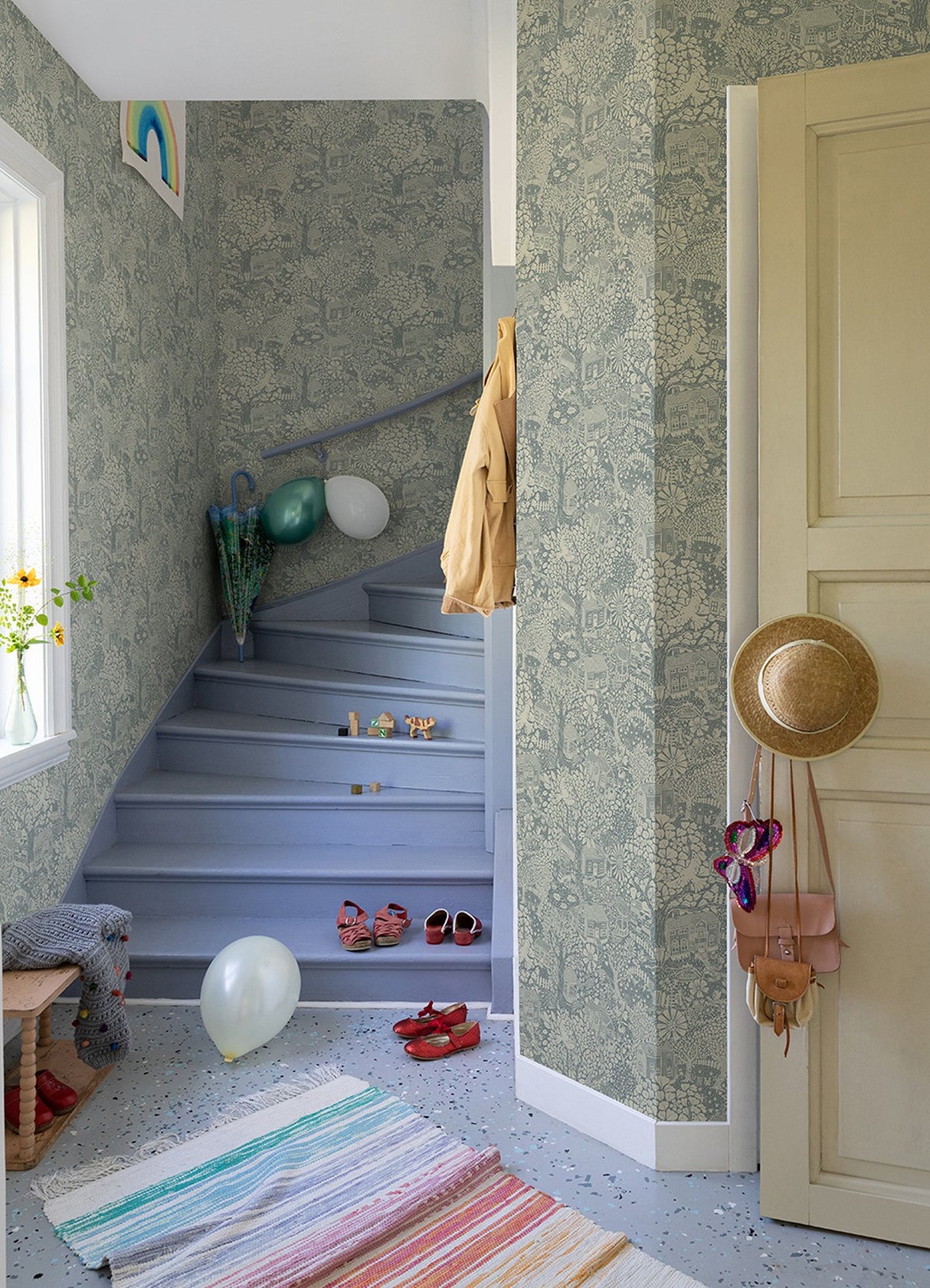 Bygga Bo Blue Woodland Village Wallpaper with Whimsical Botanical Pattern - A-Street Prints 4111-63005