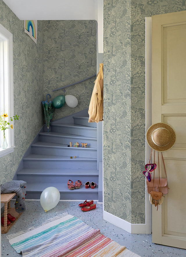 Bygga Bo Blue Woodland Village Wallpaper with Whimsical Botanical Pattern - A-Street Prints 4111-63005