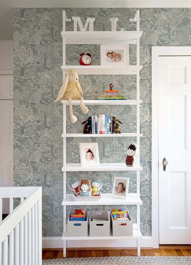 Bygga Bo Blue Woodland Village Wallpaper with Whimsical Botanical Pattern - A-Street Prints 4111-63005