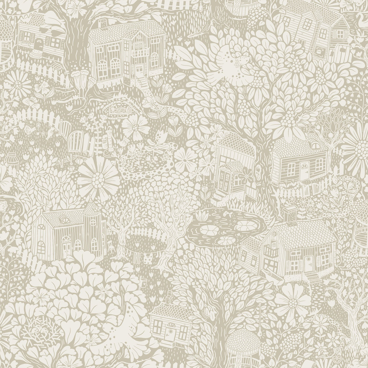 Bygga Bo Light Grey Woodland Village Wallpaper with Whimsical Botanical Village Pattern - A-Street Prints 4111-63006