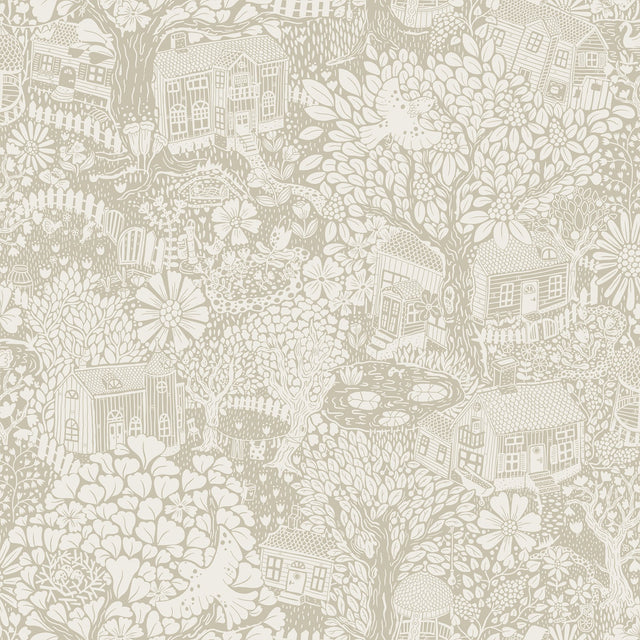 Bygga Bo Light Grey Woodland Village Wallpaper with Whimsical Botanical Village Pattern - A-Street Prints 4111-63006