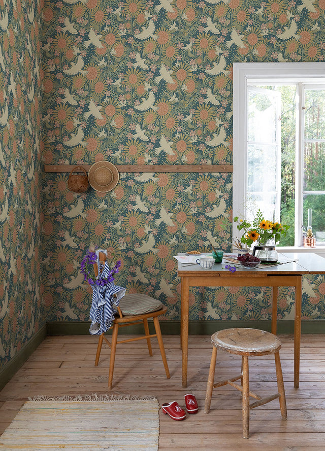Drömma Teal Songbirds and Sunflowers Wallpaper with Whimsical Birds and Floral Pattern - A-Street Prints 4111-63007