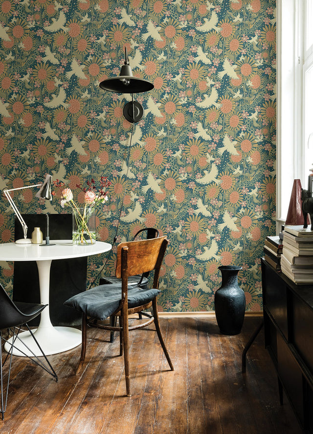 Drömma Teal Songbirds and Sunflowers Wallpaper with Whimsical Birds and Floral Pattern - A-Street Prints 4111-63007
