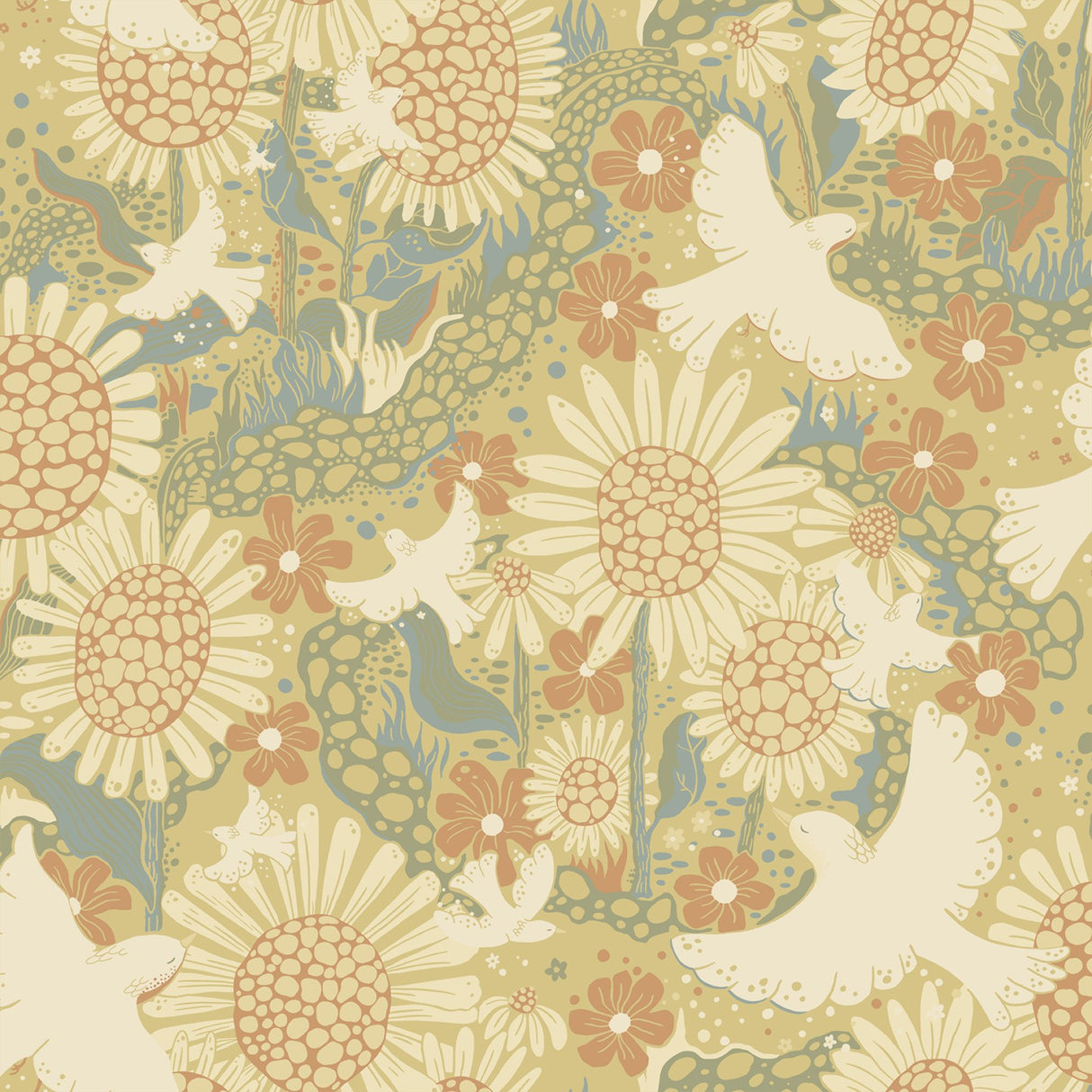 Drömma Coral Songbirds and Sunflowers Wallpaper with Whimsical Birds & Floral Pattern - A-Street Prints 4111-63008