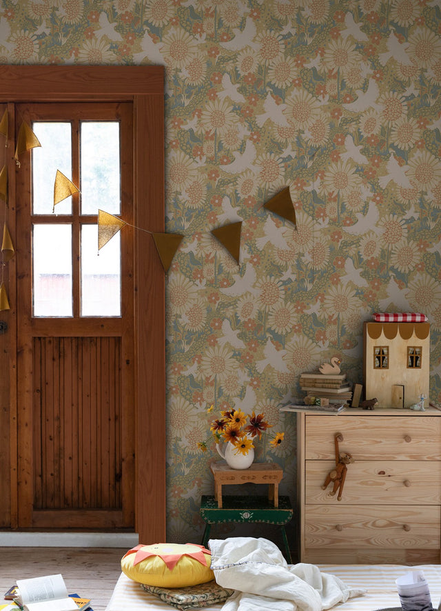 Drömma Coral Songbirds and Sunflowers Wallpaper with Whimsical Birds & Floral Pattern - A-Street Prints 4111-63008