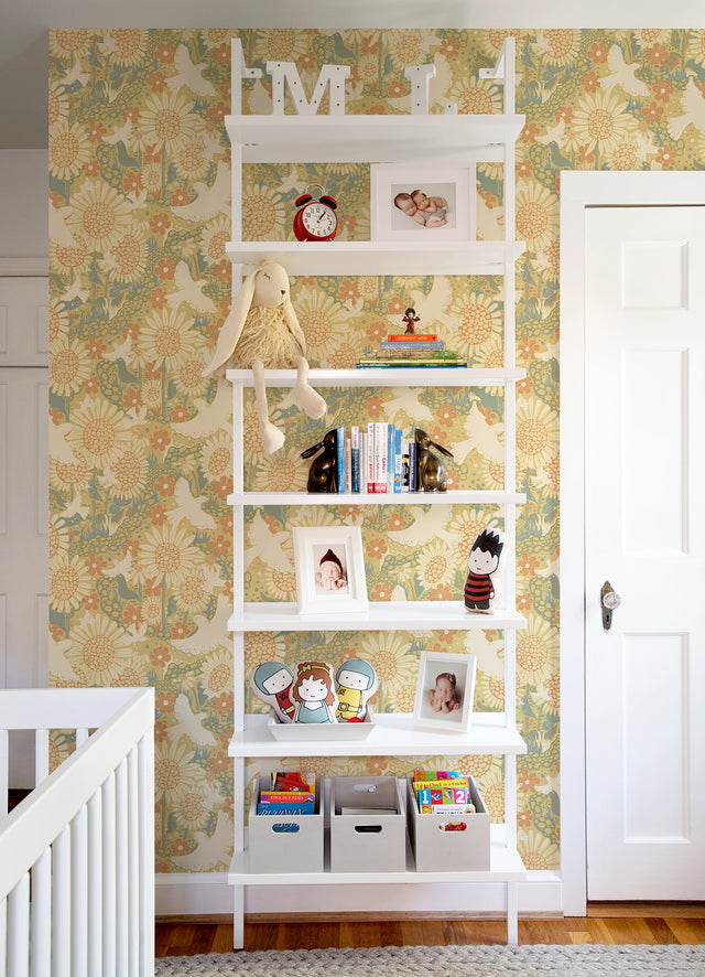 Drömma Coral Songbirds and Sunflowers Wallpaper with Whimsical Birds & Floral Pattern - A-Street Prints 4111-63008