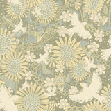 Drömma Sage Songbirds and Sunflowers Green Wallpaper with Whimsical Bird & Sunflower Motif - Brewster 4111-63009