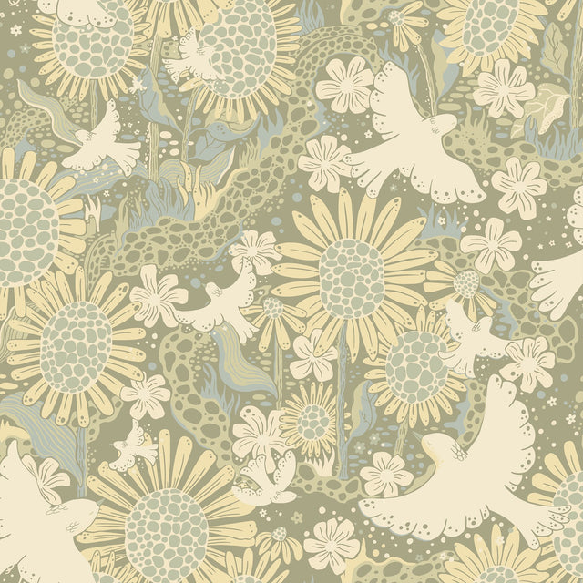 Drömma Sage Songbirds and Sunflowers Green Wallpaper with Whimsical Bird & Sunflower Motif - Brewster 4111-63009