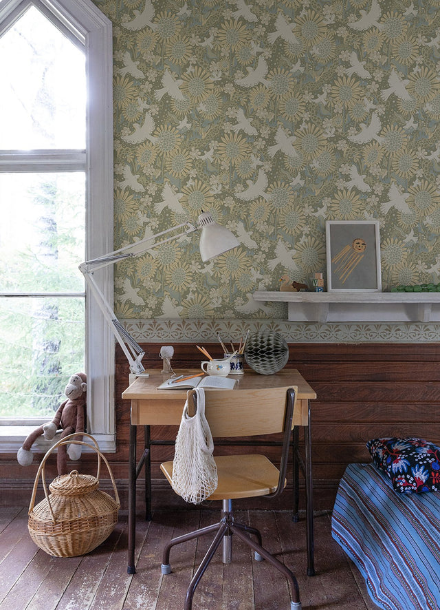 Drömma Sage Songbirds and Sunflowers Green Wallpaper with Whimsical Bird & Sunflower Motif - Brewster 4111-63009