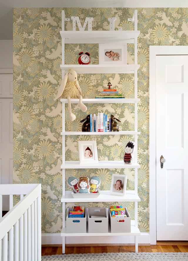 Drömma Sage Songbirds and Sunflowers Green Wallpaper with Whimsical Bird & Sunflower Motif - Brewster 4111-63009
