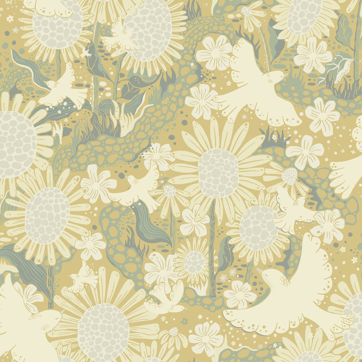 Drömma Butter Songbirds and Sunflowers Wallpaper with Whimsical Scandinavian Motif - A-Street Prints 4111-63010