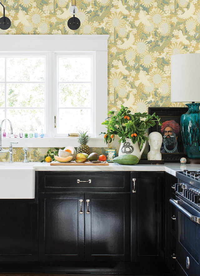 Drömma Butter Songbirds and Sunflowers Wallpaper with Whimsical Scandinavian Motif - A-Street Prints 4111-63010