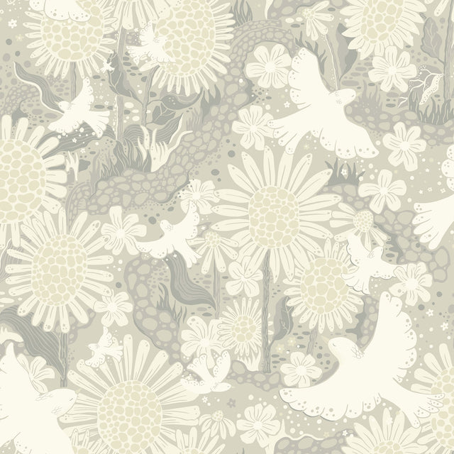 Drömma Light Grey Songbirds and Sunflowers Wallpaper with Whimsical Birds & Sunflower Motif - A-Street Prints 4111-63011