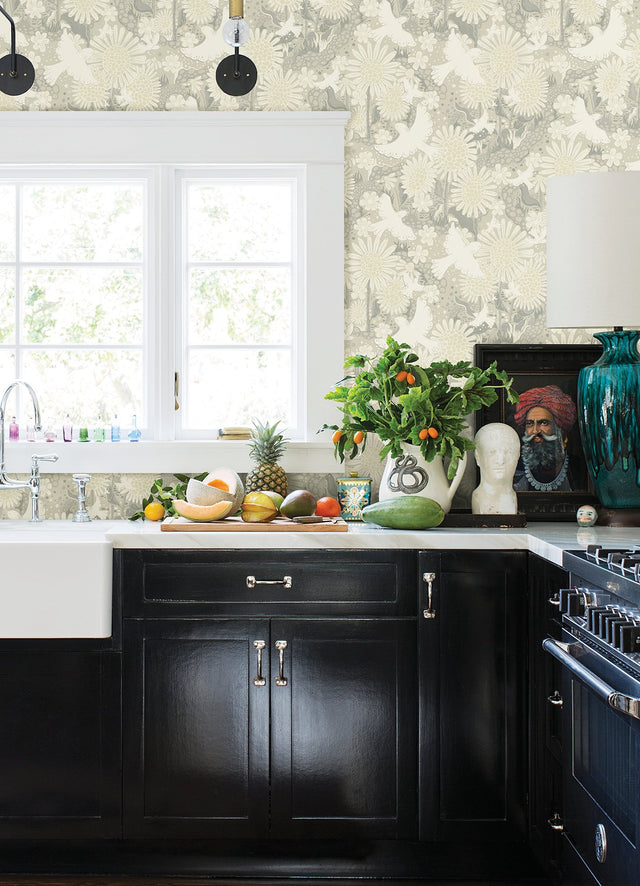 Drömma Light Grey Songbirds and Sunflowers Wallpaper with Whimsical Birds & Sunflower Motif - A-Street Prints 4111-63011