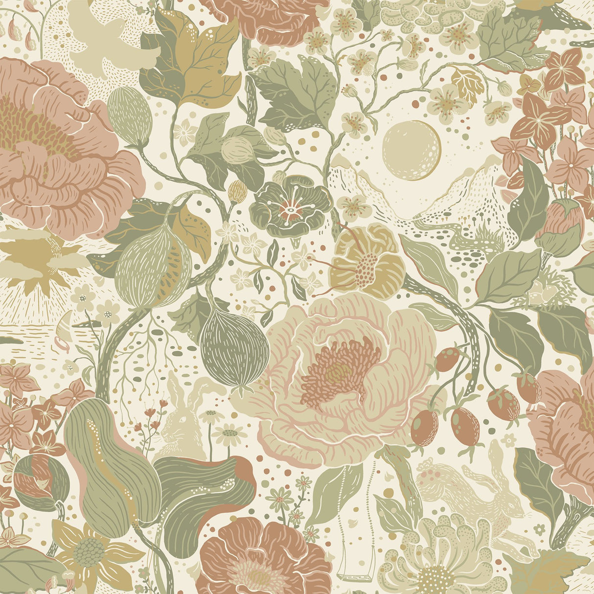 Växa Green Rabbits & Rosehips Wallpaper with Whimsical Botanical Pattern - A-Street Prints 4111-63012