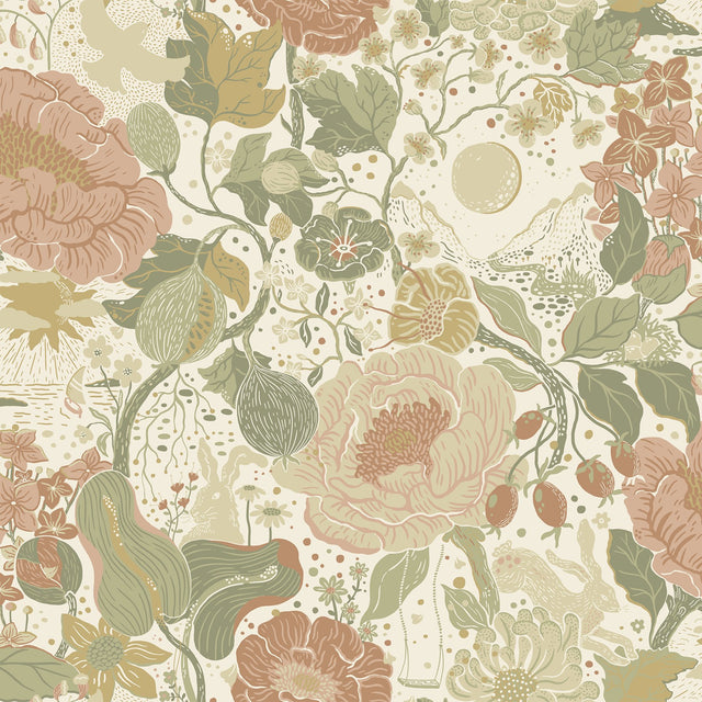 Växa Green Rabbits & Rosehips Wallpaper with Whimsical Botanical Pattern - A-Street Prints 4111-63012