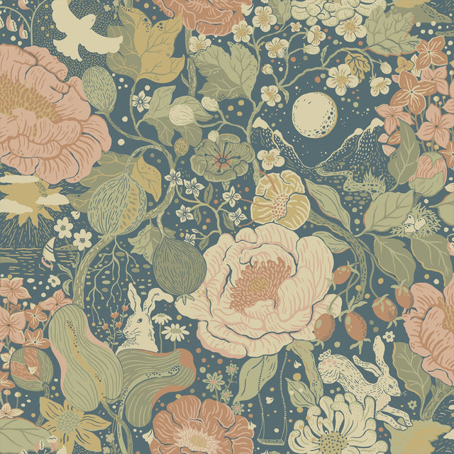 Växa Teal Rabbits & Rosehips Wallpaper with Whimsical Botanical Motif - A-Street Prints 4111-63013