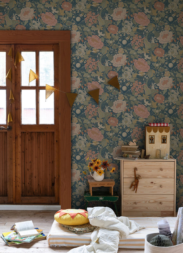 Växa Teal Rabbits & Rosehips Wallpaper with Whimsical Botanical Motif - A-Street Prints 4111-63013