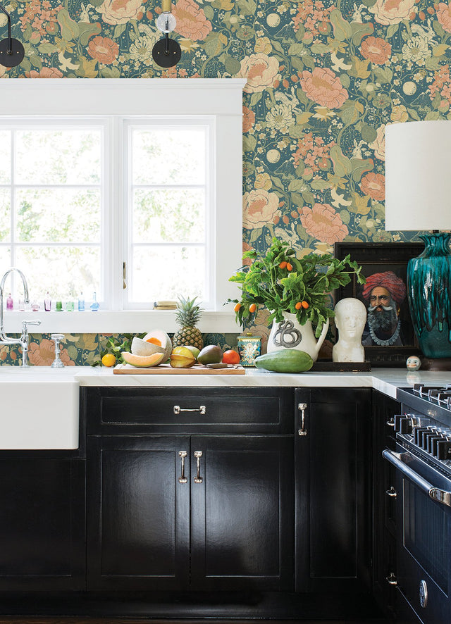 Växa Teal Rabbits & Rosehips Wallpaper with Whimsical Botanical Motif - A-Street Prints 4111-63013