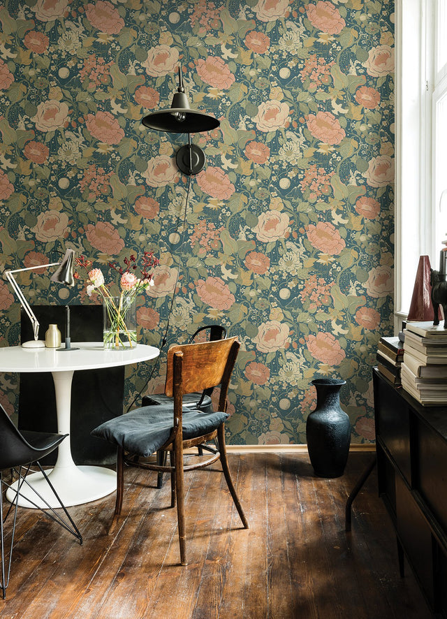Växa Teal Rabbits & Rosehips Wallpaper with Whimsical Botanical Motif - A-Street Prints 4111-63013