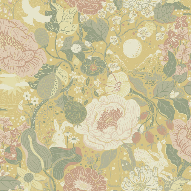 Växa Butter Rabbits & Rosehips Yellow Wallpaper with Botanical Whimsical Motif - A-Street Prints 4111-63014