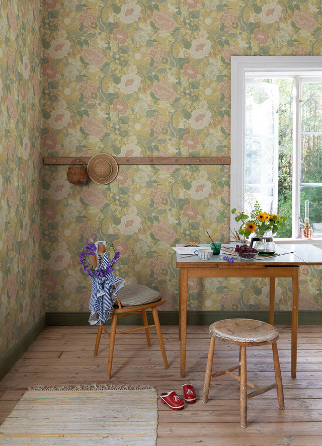 Växa Butter Rabbits & Rosehips Yellow Wallpaper with Botanical Whimsical Motif - A-Street Prints 4111-63014