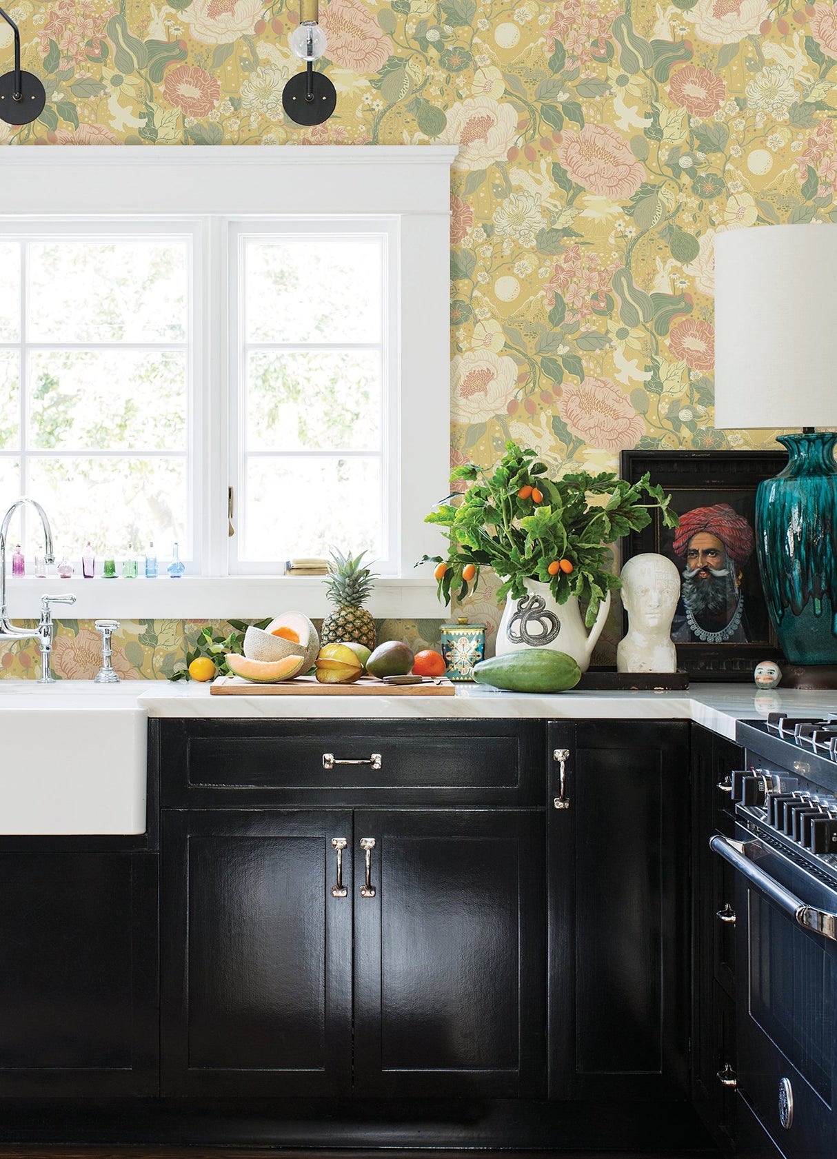 Växa Butter Rabbits & Rosehips Yellow Wallpaper with Botanical Whimsical Motif - A-Street Prints 4111-63014