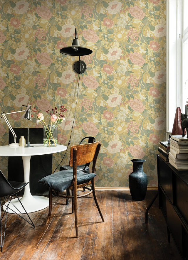 Växa Butter Rabbits & Rosehips Yellow Wallpaper with Botanical Whimsical Motif - A-Street Prints 4111-63014