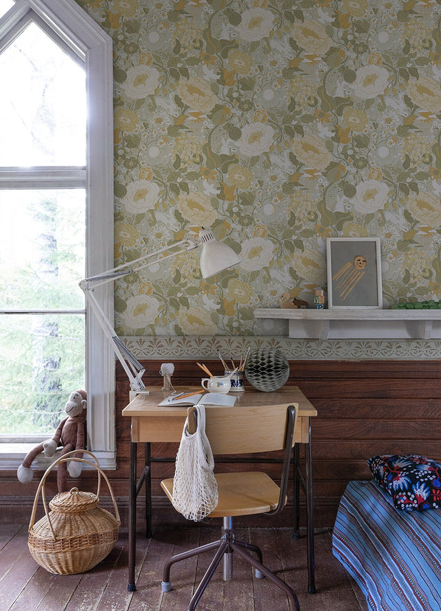 Växa Grey Rabbits & Rosehips Wallpaper with Whimsical Botanical Motif - A-Street Prints 4111-63015