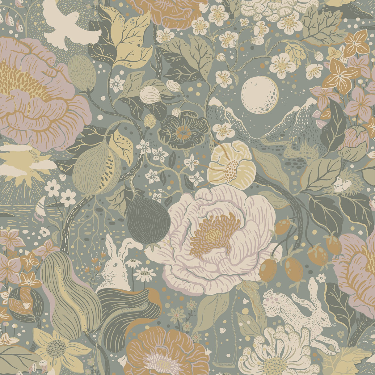 Växa Slate Rabbits & Rosehips Wallpaper with Whimsical Botanical Motif - Brewster 4111-63016