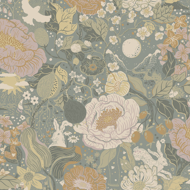 Växa Slate Rabbits & Rosehips Wallpaper with Whimsical Botanical Motif - Brewster 4111-63016