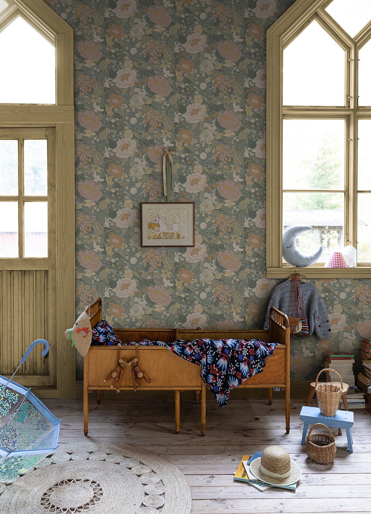 Växa Slate Rabbits & Rosehips Wallpaper with Whimsical Botanical Motif - Brewster 4111-63016
