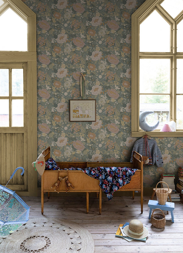 Växa Slate Rabbits & Rosehips Wallpaper with Whimsical Botanical Motif - Brewster 4111-63016