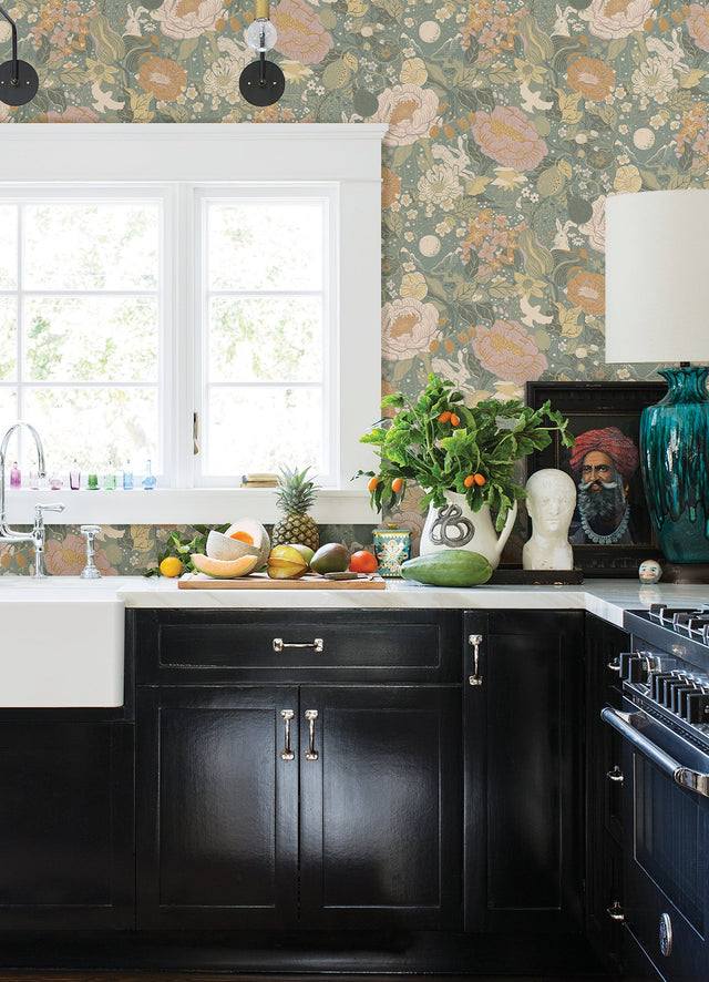 Växa Slate Rabbits & Rosehips Wallpaper with Whimsical Botanical Motif - Brewster 4111-63016