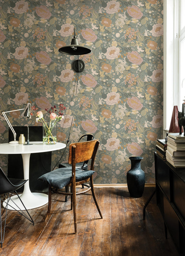 Växa Slate Rabbits & Rosehips Wallpaper with Whimsical Botanical Motif - Brewster 4111-63016