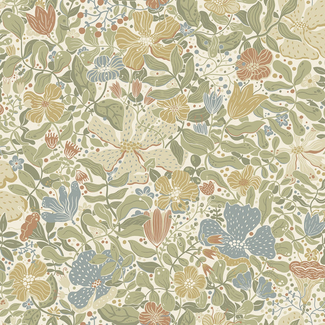 Midsommar Light Green Floral Medley Wallpaper with Botanical Scandinavian Flowers - A-Street Prints 4111-63017