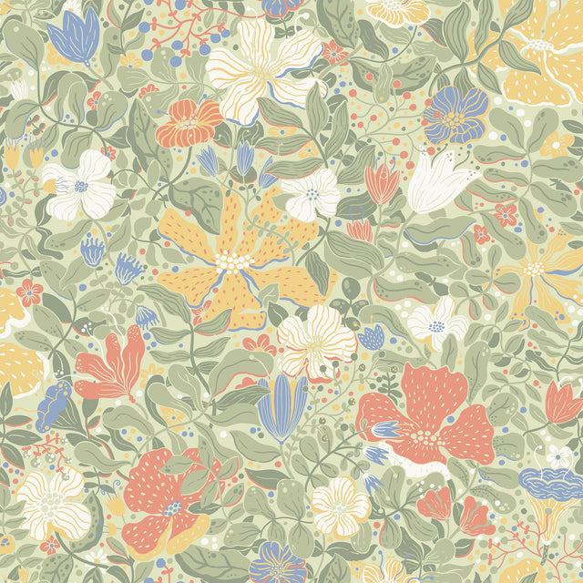 Midsommar Sage Floral Medley Wallpaper with Scandinavian Botanical Flowers - Brewster 4111-63018