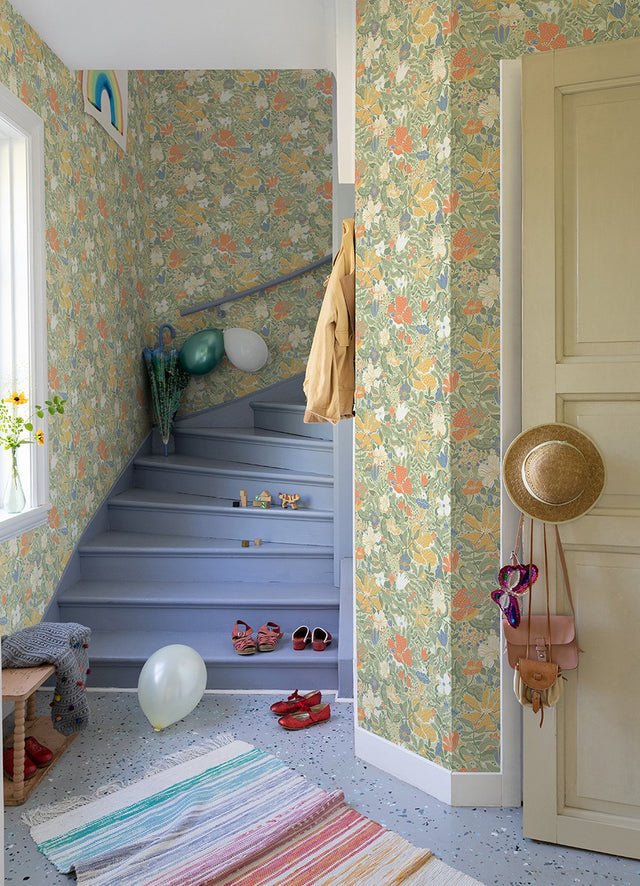 Midsommar Sage Floral Medley Wallpaper with Scandinavian Botanical Flowers - Brewster 4111-63018