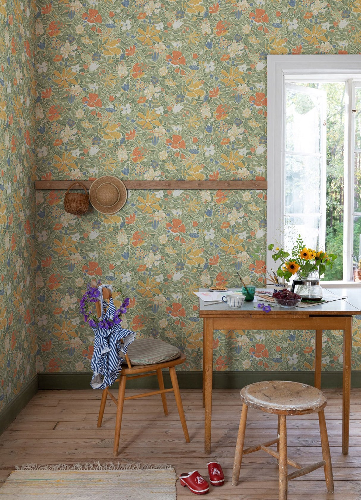 Midsommar Sage Floral Medley Wallpaper with Scandinavian Botanical Flowers - Brewster 4111-63018