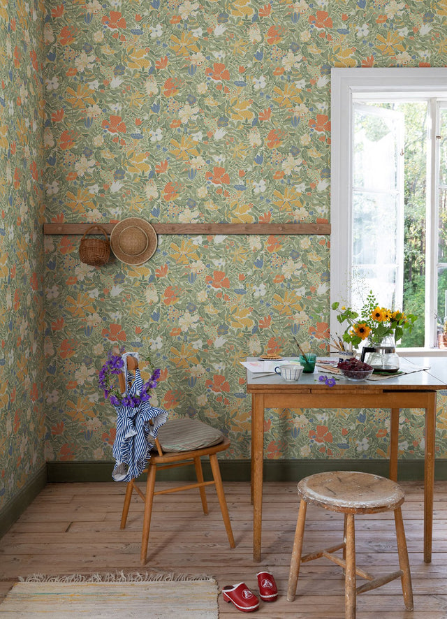 Midsommar Sage Floral Medley Wallpaper with Scandinavian Botanical Flowers - Brewster 4111-63018