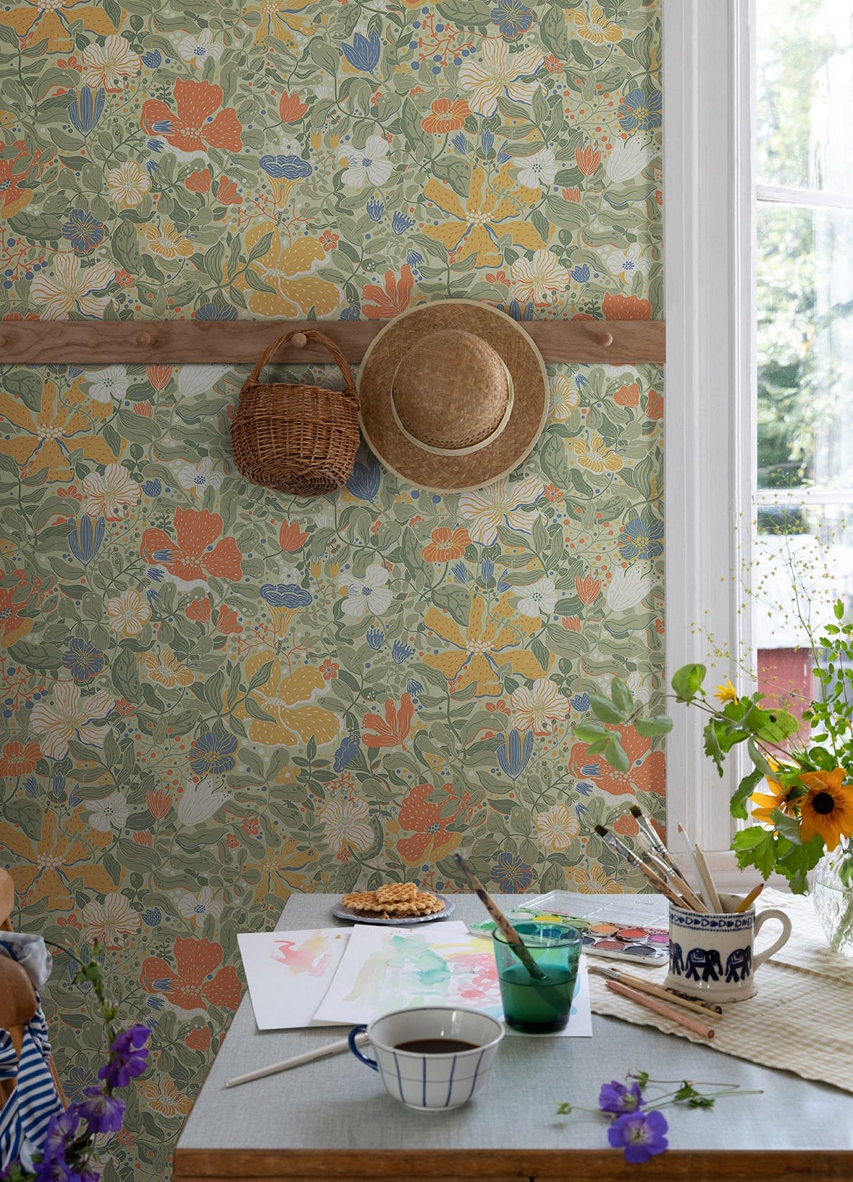 Midsommar Sage Floral Medley Wallpaper with Scandinavian Botanical Flowers - Brewster 4111-63018