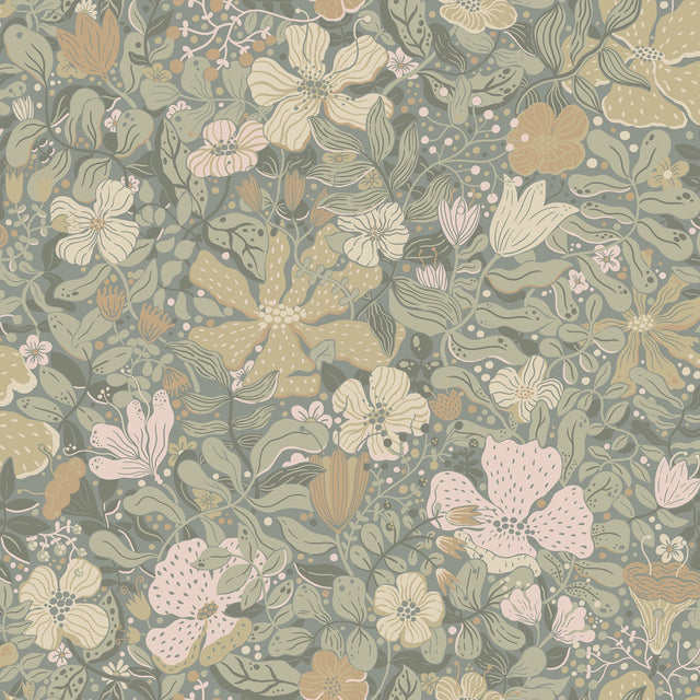 Midsommar Grey Floral Medley Wallpaper with Botanical Scandinavian Flowers - A-Street Prints 4111-63020