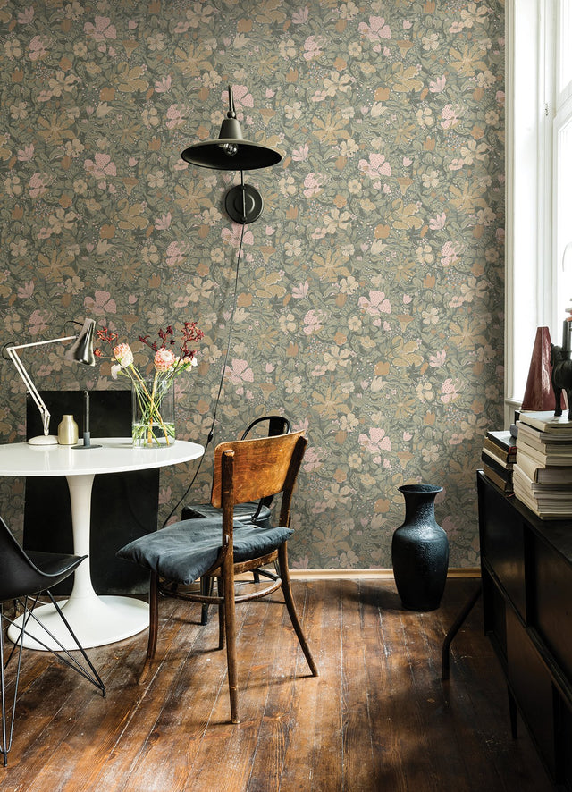 Midsommar Grey Floral Medley Wallpaper with Botanical Scandinavian Flowers - A-Street Prints 4111-63020