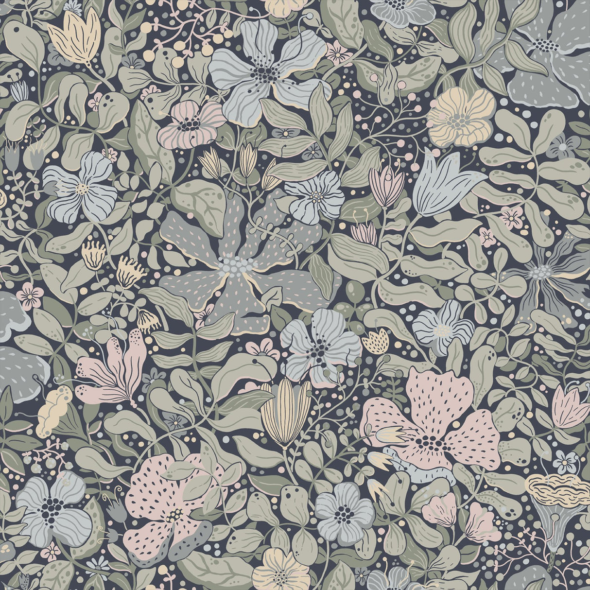 Midsommar Dark Blue Floral Medley Wallpaper with Botanical Floral Pattern - A-Street Prints 4111-63021