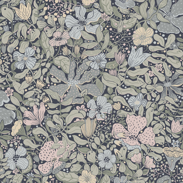 Midsommar Dark Blue Floral Medley Wallpaper with Botanical Floral Pattern - A-Street Prints 4111-63021