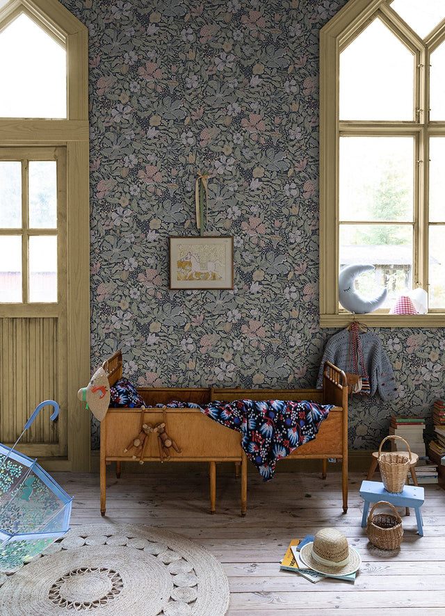 Midsommar Dark Blue Floral Medley Wallpaper with Botanical Floral Pattern - A-Street Prints 4111-63021