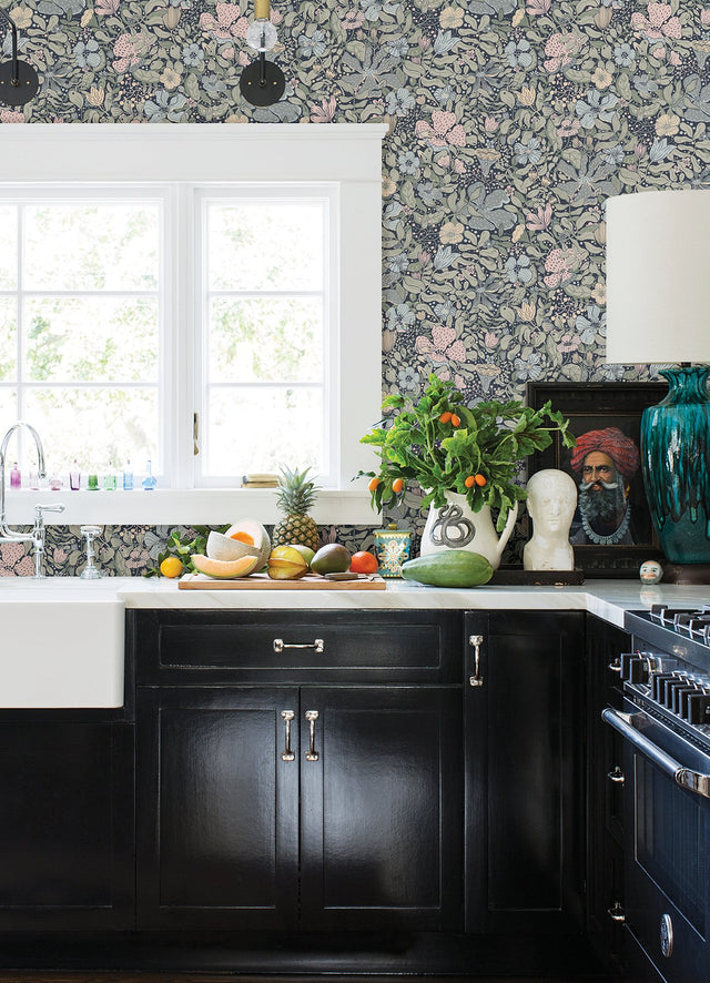 Midsommar Dark Blue Floral Medley Wallpaper with Botanical Floral Pattern - A-Street Prints 4111-63021