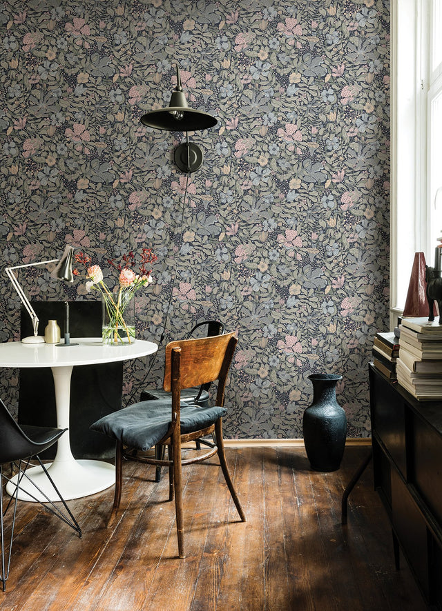 Midsommar Dark Blue Floral Medley Wallpaper with Botanical Floral Pattern - A-Street Prints 4111-63021