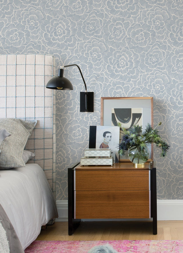 Periwinkle Blue Textured Floral Wallpaper with Modern Botanical Flowers - A-Street Prints 4120-26039