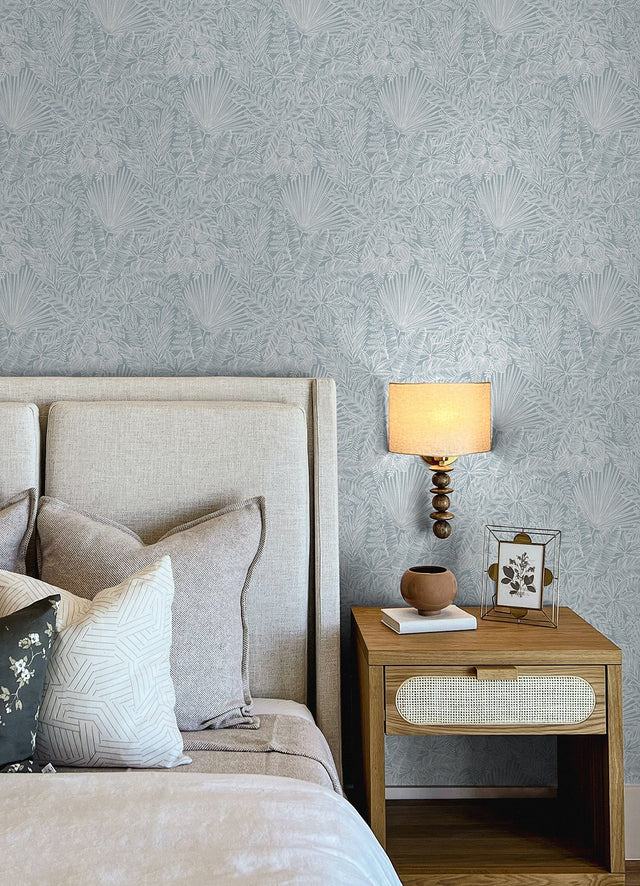 Vita Blue Botanical Wallpaper with Tropical Botanical Outline on Faux Linen - A-Street Prints 4120-26802
